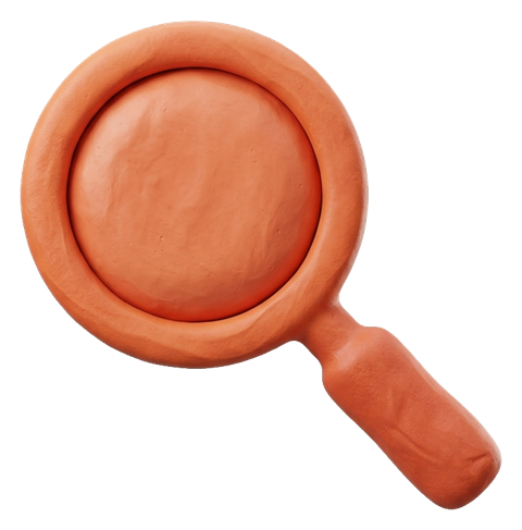 Clay 3D render, warm orange and coral tones of a magnifying glass search icon, transparent background PNG