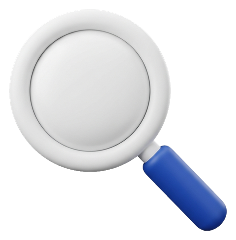 Matte 3D render, blue and white color scheme of a magnifying glass search icon, transparent background PNG