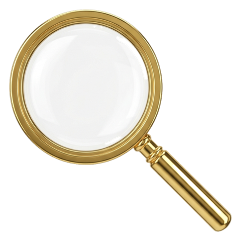 Shiny 3D render, gold metallic finish of a magnifying glass search icon, transparent background PNG