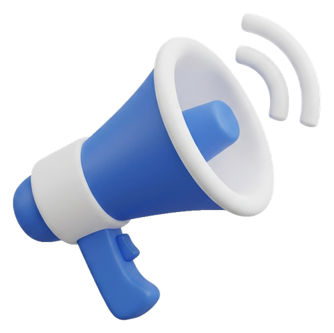 Matte 3D render, blue and white color scheme of a megaphone announcement icon, transparent background PNG