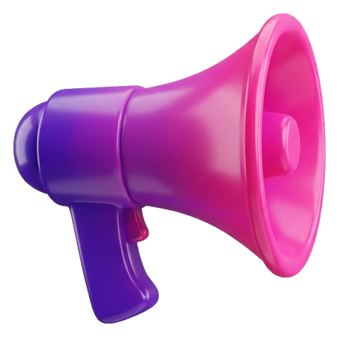 Glossy 3D render, purple and pink gradient of a megaphone announcement icon, transparent background PNG
