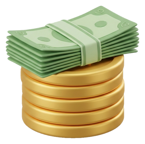 Soft 3D render of a stack of gold coins and green banknotes, transparent background PNG
