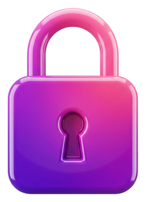Glossy 3D render, purple and pink gradient of a padlock security icon, transparent background PNG