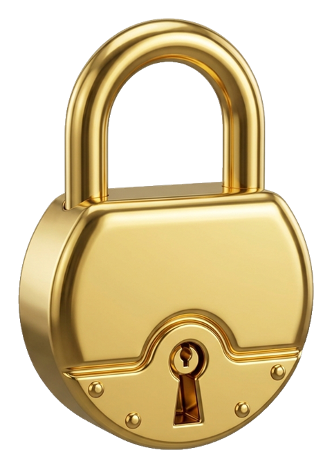 Shiny 3D render, gold metallic finish of a padlock security icon, transparent background PNG