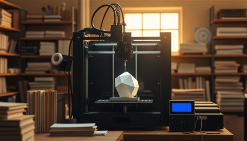 Photorealistic photo of A 3d printer extruding molten plastic to create a precise geometric object in a workshop, centered subject with a simple uncluttered composition, warm golden light, calm mood, 16:9 aspect ratio