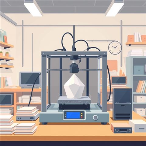 Minimal flat illustration of A 3d printer extruding molten plastic to create a precise geometric object in a workshop, wide shot with open space at the top for text, soft pastel colors, bright and cozy, 1:1 aspect ratio
