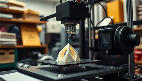 Cinematic film still of A 3d printer extruding molten plastic to create a precise geometric object in a workshop, close-up detail with shallow depth of field, vivid colors, high contrast, energetic, 16:9 aspect ratio