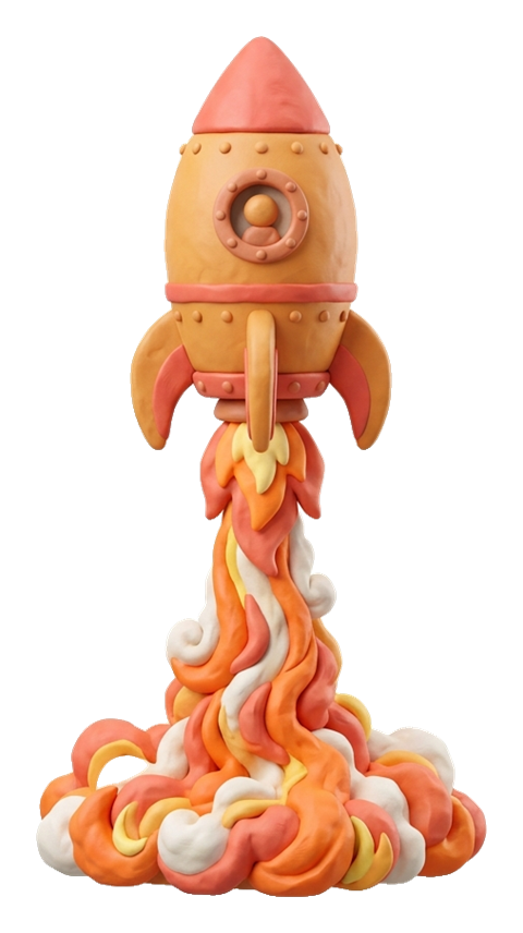 Clay 3D render, warm orange and coral tones of a cartoon rocket launching, transparent background PNG