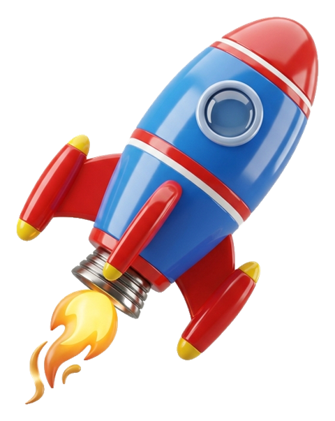 Glossy 3D render, tilted, small flame of a cartoon rocket launching, transparent background PNG
