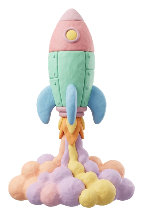 발사되는 만화풍 로켓, 점토 느낌 3D, 파스텔 색감, 투명 배경(누끼) PNG