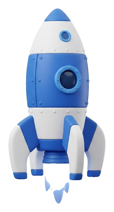 Matte 3D render, blue and white color scheme of a cartoon rocket launching, transparent background PNG