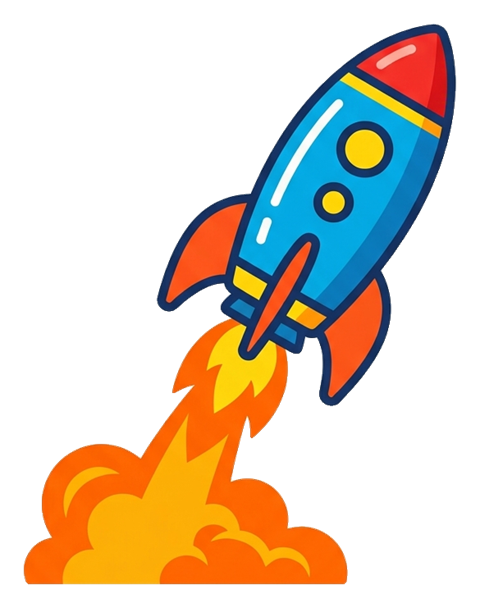 Flat vector icon, bold solid colors of a cartoon rocket launching, transparent background PNG