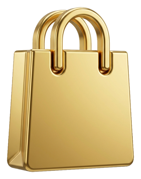 Shiny 3D render, gold metallic finish of a shopping bag icon, transparent background PNG