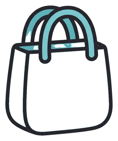 Cute sticker style with a thick dark outline of a shopping bag icon, transparent background PNG