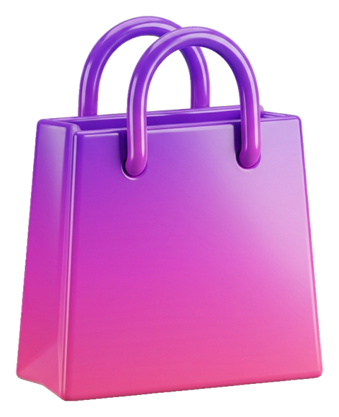 Glossy 3D render, purple and pink gradient of a shopping bag icon, transparent background PNG