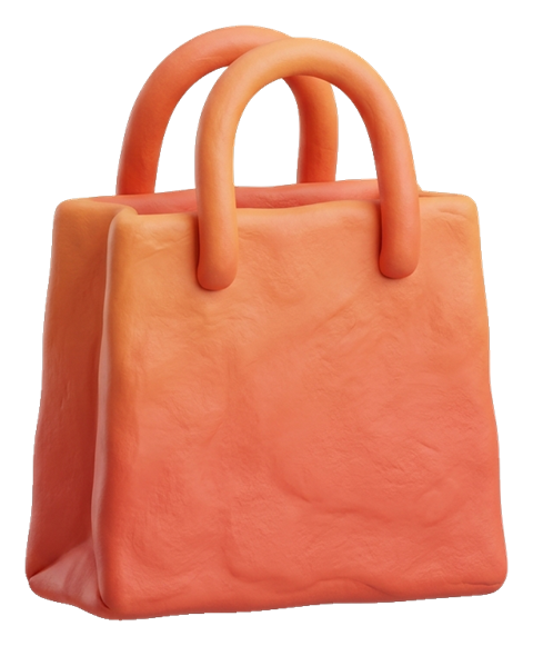 Clay 3D render, warm orange and coral tones of a shopping bag icon, transparent background PNG