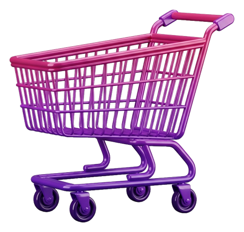 Glossy 3D render, purple and pink gradient of a shopping cart icon, transparent background PNG