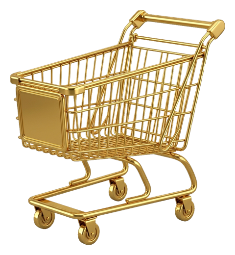 Shiny 3D render, gold metallic finish of a shopping cart icon, transparent background PNG
