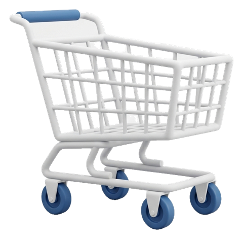 Matte 3D render, blue and white color scheme of a shopping cart icon, transparent background PNG