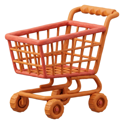Clay 3D render, warm orange and coral tones of a shopping cart icon, transparent background PNG