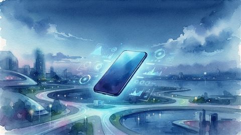 Watercolor illustration of A sleek modern 3d smartphone floating with holographic user interface elements, wide shot with open space at the top for text, cool blue tones, quiet atmosphere, 16:9 aspect ratio