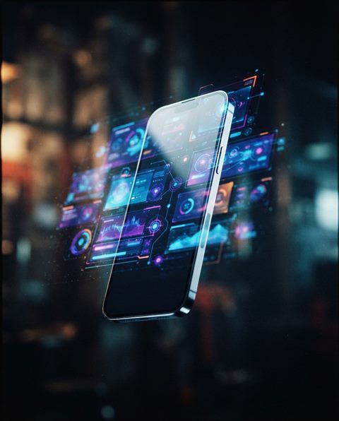 Cinematic film still of A sleek modern 3d smartphone floating with holographic user interface elements, centered subject with a simple uncluttered composition, vivid colors, high contrast, energetic, 4:5 aspect ratio