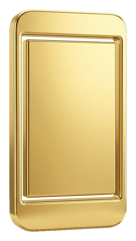 Shiny 3D render, gold metallic finish of a smartphone icon with a blank screen, transparent background PNG