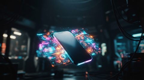 Cinematic film still of A sleek modern 3d smartphone floating with holographic user interface elements, wide shot with open space at the top for text, vivid colors, high contrast, energetic, 16:9 aspect ratio