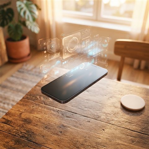 Photorealistic photo of A sleek modern 3d smartphone floating with holographic user interface elements, high-angle view from above, warm golden light, calm mood, 1:1 aspect ratio