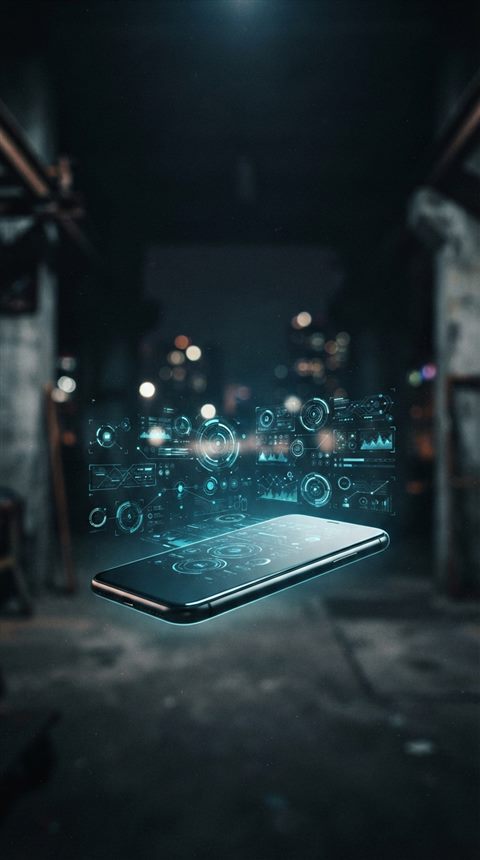 Photorealistic photo of A sleek modern 3d smartphone floating with holographic user interface elements, wide shot with open space at the top for text, moody dark tones, dramatic lighting, 9:16 aspect ratio