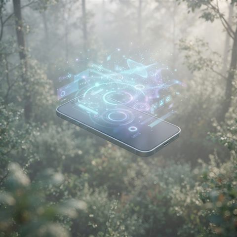 Soft 3D render of A sleek modern 3d smartphone floating with holographic user interface elements, high-angle view from above, misty morning haze, dreamy, 1:1 aspect ratio