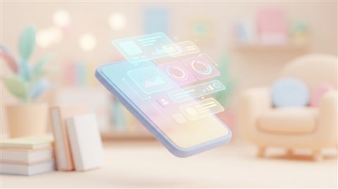 Minimal flat illustration of A sleek modern 3d smartphone floating with holographic user interface elements, close-up detail with shallow depth of field, soft pastel colors, bright and cozy, 16:9 aspect ratio
