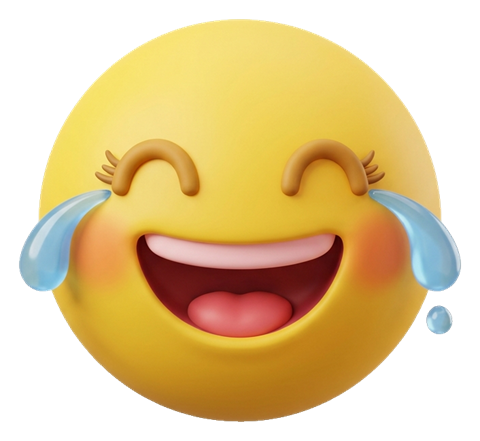 Soft 3D render, laughing with tears of joy of a round yellow smiley face in a cute original emoji style, transparent background PNG