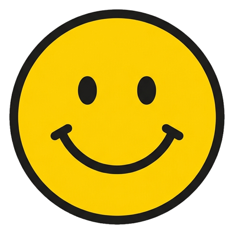 Flat vector icon, bold solid colors of a round yellow smiley face in a cute original emoji style, transparent background PNG