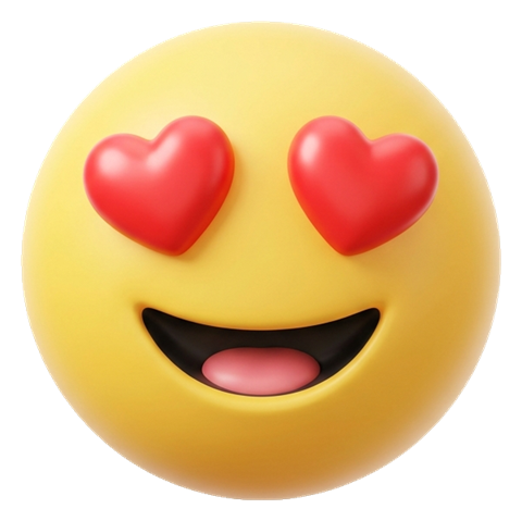Soft 3D render, heart eyes of a round yellow smiley face in a cute original emoji style, transparent background PNG