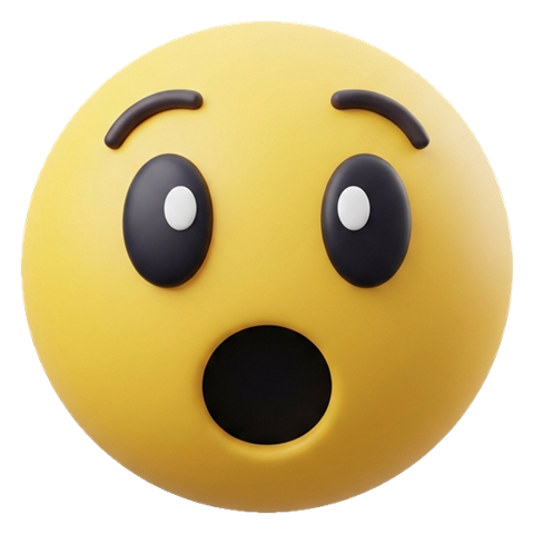 Soft 3D render, surprised face of a round yellow smiley face in a cute original emoji style, transparent background PNG