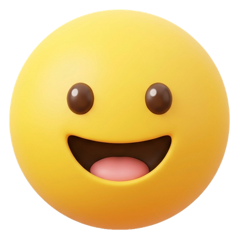 Soft 3D render, big happy smile of a round yellow smiley face in a cute original emoji style, transparent background PNG