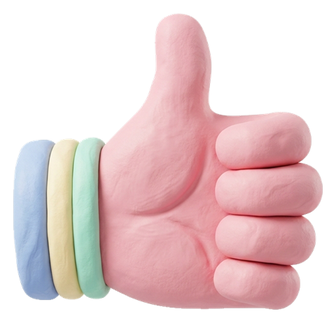Clay 3D render, pastel of a thumbs up hand icon, transparent background PNG