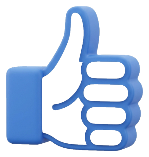Matte 3D render, blue and white color scheme of a thumbs up hand icon, transparent background PNG