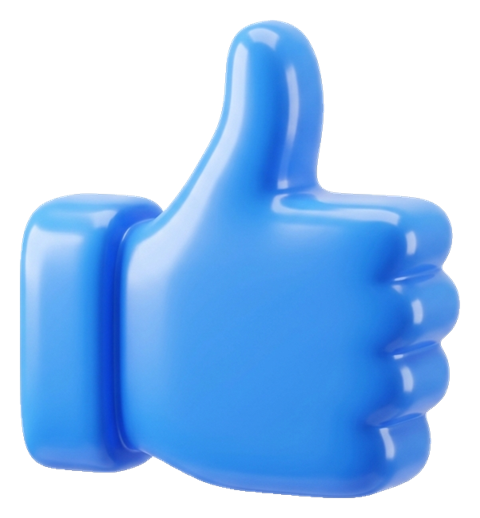 Soft 3D render, blue glossy icon of a thumbs up hand icon, transparent background PNG