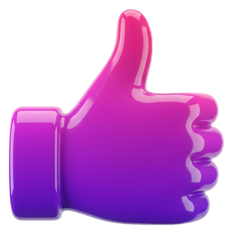 Glossy 3D render, purple and pink gradient of a thumbs up hand icon, transparent background PNG