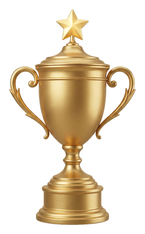 Soft 3D render, with a star on top of a golden winner trophy cup, transparent background PNG