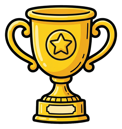 Cute sticker style with a thick dark outline of a golden winner trophy cup, transparent background PNG