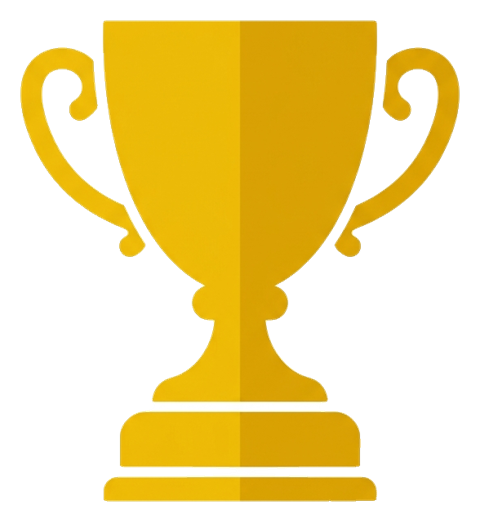Flat vector icon, bold solid colors of a golden winner trophy cup, transparent background PNG