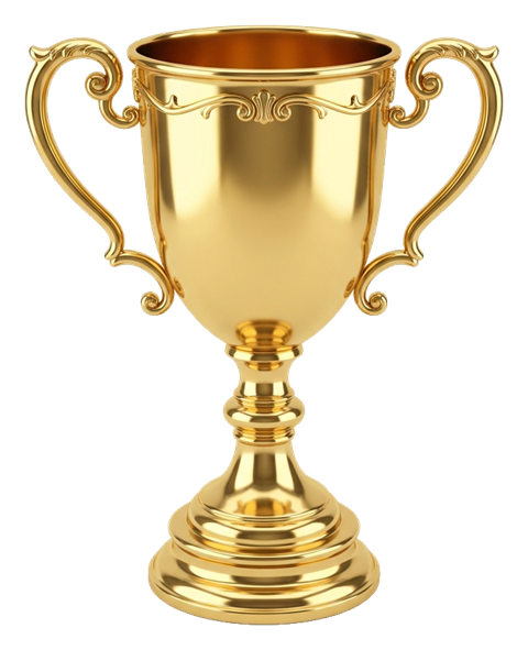 Glossy realistic 3D render of a golden winner trophy cup, transparent background PNG