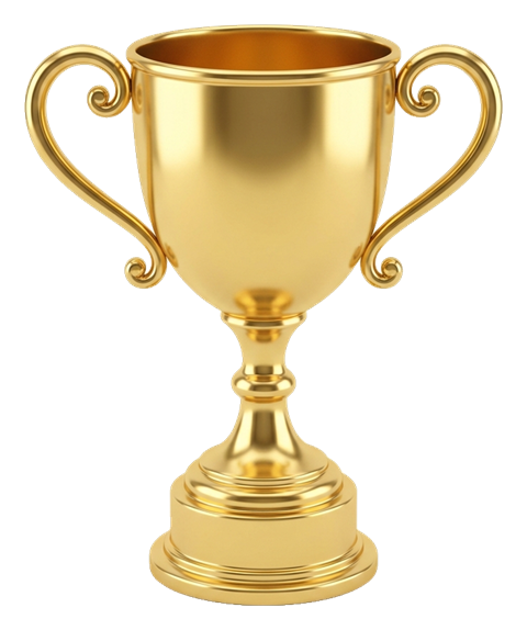 Shiny 3D render, gold metallic finish of a golden winner trophy cup, transparent background PNG