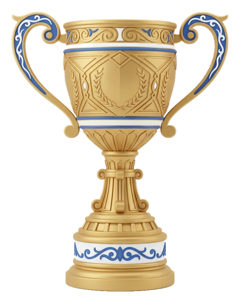 Matte 3D render, blue and white color scheme of a golden winner trophy cup, transparent background PNG