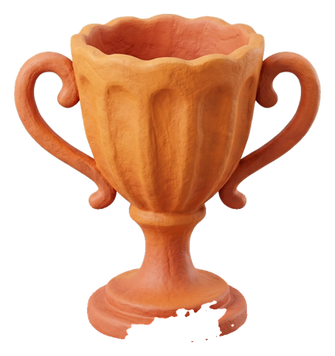 Clay 3D render, warm orange and coral tones of a golden winner trophy cup, transparent background PNG