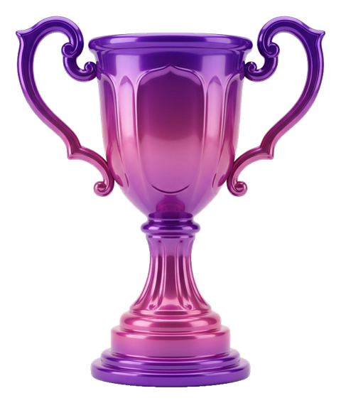 Glossy 3D render, purple and pink gradient of a golden winner trophy cup, transparent background PNG
