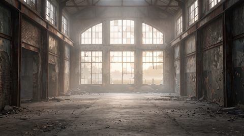 Soft 3d render of abandoned building interior with broken windows, centered subject with a simple uncluttered composition, misty morning haze, dreamy, 16:9 aspect ratio
